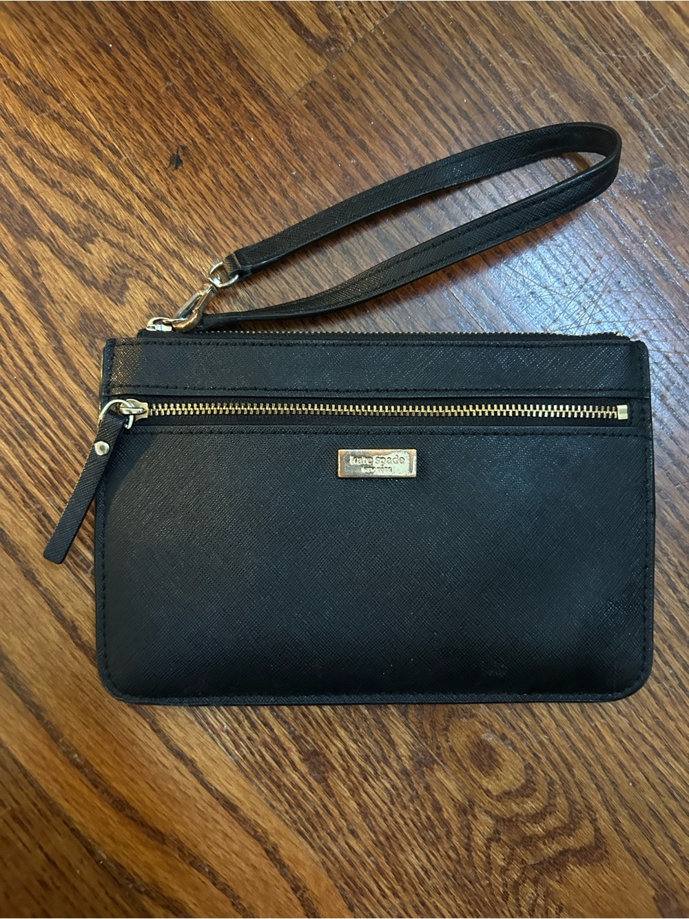 kate spade Black Saffiano Zip Wristlet with Gold Hardware